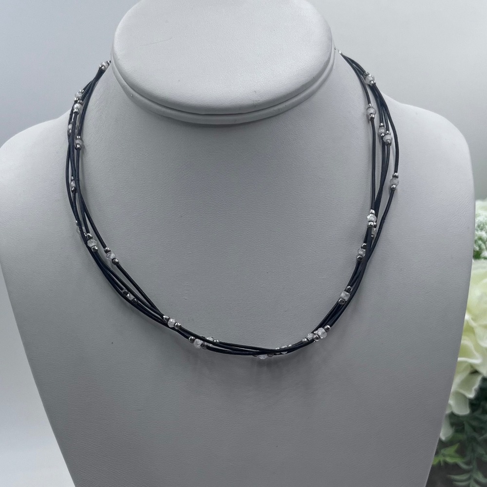 Silpada India N1976 Sterling Silver & Black Leather 4-Strand CZ Necklace
